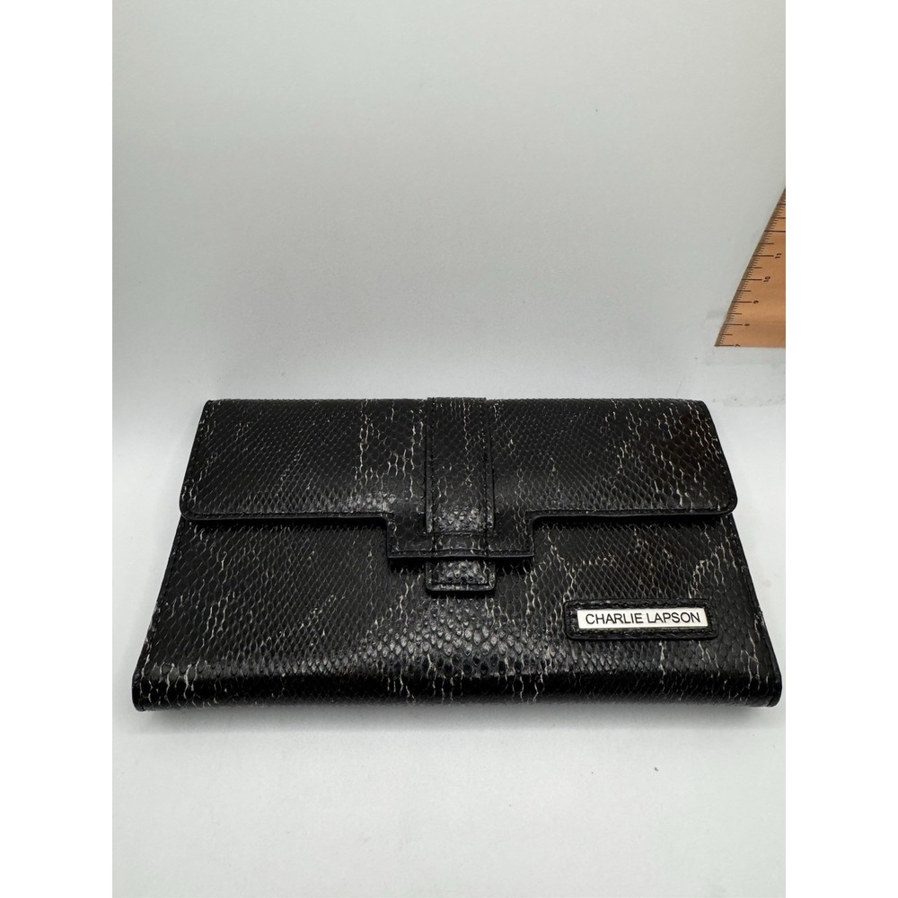Charlie‎ Lapson Black Snakeskin Embossed Leather Trifold Wallet Clutch